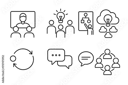 Collaborative Innovation Icons. Outline icon set of Collaborative innovation: video call, brainstorming