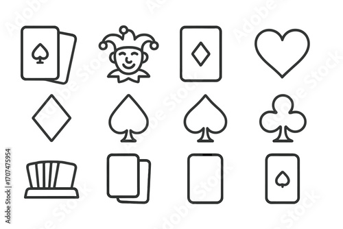 Card Game Icons. Outline icon set of Card games: deck of cards, joker, ace, heart, diamond, spade, club, card