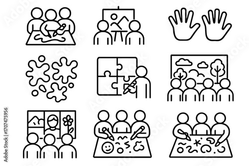 Collaborative Art Icons. Outline icon set of Collaborative artwork: group sketch, shared canvas, joined