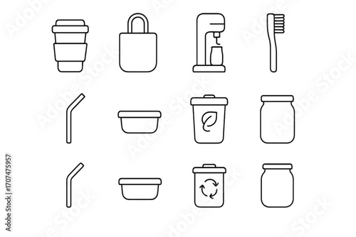 Zero Waste Icons. Outline icon set of Zero waste lifestyle: reusable cup, cloth bag, refill station, bamboo