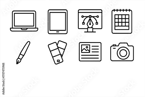 Entrepreneur Tools Icons. Outline icon set of Entrepreneur tools for branding: laptop, tablet, design software
