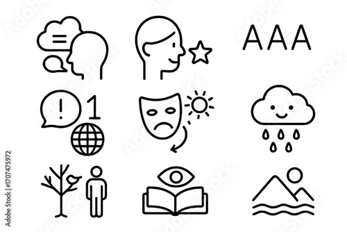 Literary Devices Icons. Outline icon set of Literary devices: metaphor, simile, alliteration, hyperbole, irony