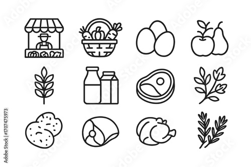 Organic Food Icons. Outline icon set of Organic and local food: farmer’s market, vegetable basket, eggs,