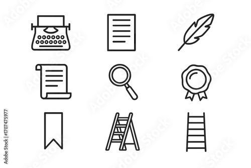 Literary Icon Set. Outline icon set of Iconic literary objects: typewriter, manuscript, feather, parchment,