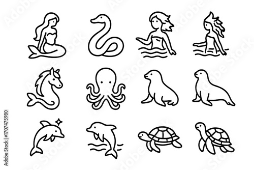 Mystical Sea Creatures. Outline icon set of Aquatic magical animals: mermaid, sea serpent, water nymph, kelpie