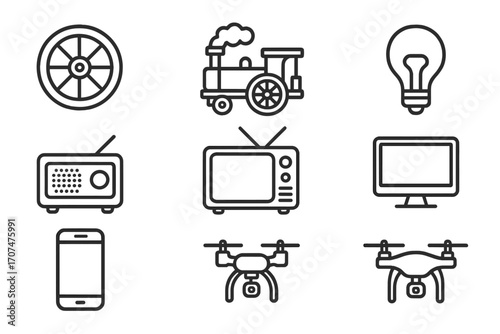 Tech Milestones Icons. Outline icon set of Technological milestones: wheel, steam engine, light bulb, radio,