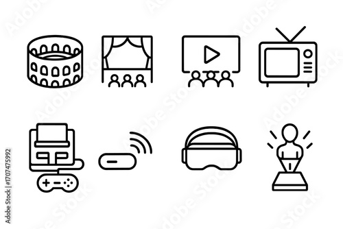Entertainment Evolution Icons. Outline icon set of Entertainment evolution: amphitheater, stage, cinema,