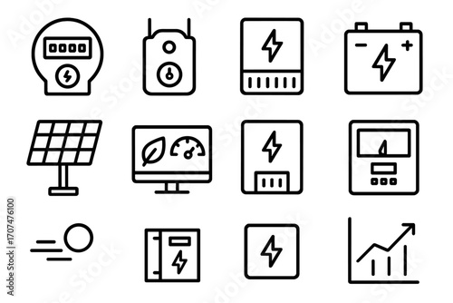 Energy Efficiency Icons. Outline icon set of Energy efficiency optimization: smart meter, load controller,