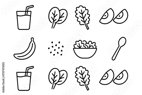 Smoothie Salad Icons. Outline icon set of Smoothie and salad combo: smoothie glass, spinach, kale, apple