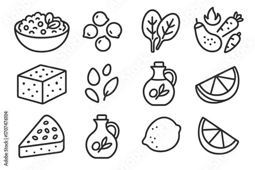 Vegetarian Meal Icons. Outline icon set of Vegetarian meal options: quinoa salad, chickpeas, spinach leaves,