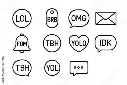 Internet Abbreviation Icons. Outline icon set of Internet abbreviations: LOL, BRB, OMG, DM, FOMO, TBH, YOLO,