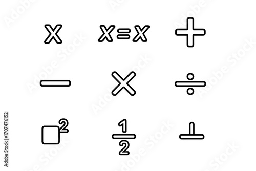 Algebra Icon Set. Outline icon set of Algebra concepts: variables, equations, plus sign, minus sign,