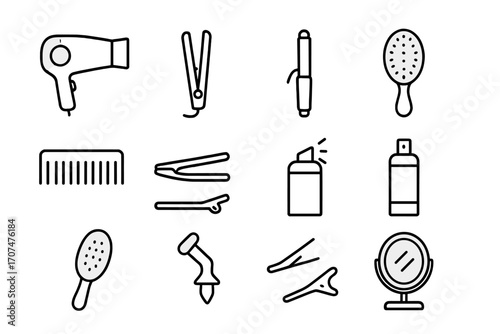 Styling Tools Icons. Outline icon set of Styling tools: hairdryer, straightener, curling iron, hairbrush, comb