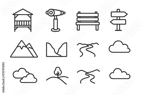 Scenic Icon Collection. Outline icon set of Scenic viewpoints: lookout, telescope, bench, signpost, mountains,