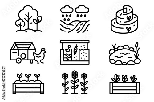 Permaculture Icon Outline. Outline icon set of Permaculture design: food forest, rainwater swales, herb spiral