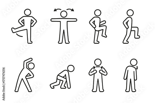 Fitness Warm-up Icons. Outline icon set of Fitness warm-up: leg swings, arm circles, high knees, lunges, side