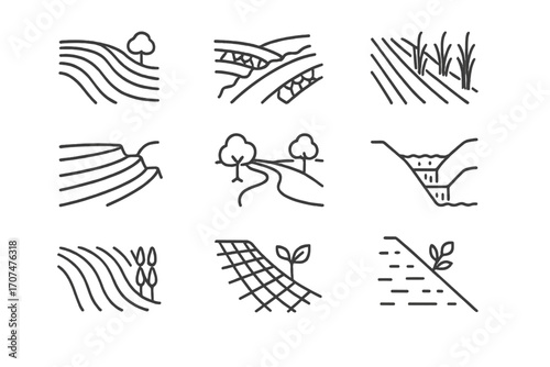 Erosion Control Icon Set. Outline icon set of Erosion control: contour farming, stone bunds, grass strips,