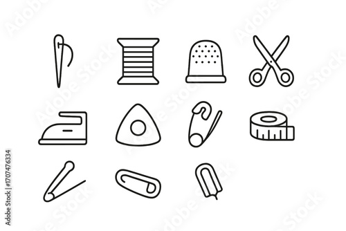 Tailoring Essentials Icons. Outline icon set of Tailoring essentials: needle, thread spool, thimble, scissors,