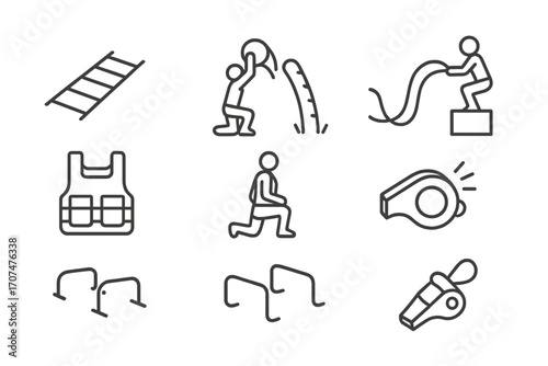 Outdoor Circuit Icons. Outline icon set of Circuit training outdoors: agility ladder, medicine ball slam,