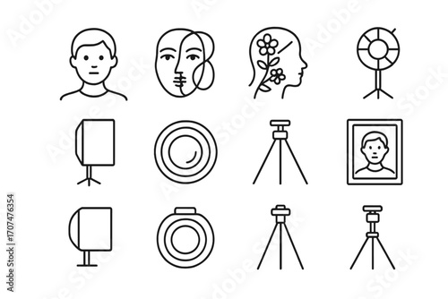Creative Photography Icons. Outline icon set of Creative portrait photography: human face, abstract shapes,