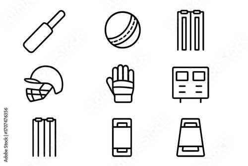 Cricket Icon Set. Outline icon set of Cricket: cricket bat, ball, wickets, helmet, gloves, scoreboard, stumps,