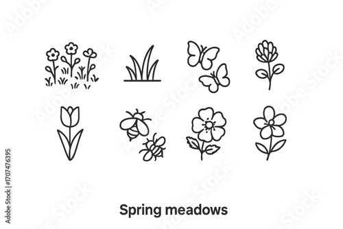 Spring Meadow Icons. Outline icon set of Spring meadows: blooming meadow, grass blades, butterflies, clover