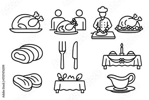Carving Tradition Icons. Outline icon set of Carving traditions: holiday roast, family dinner, chef at carving