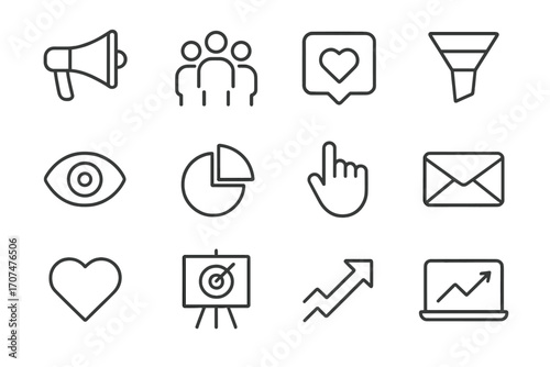 Marketing Metrics Icons. Outline icon set of marketing metrics: megaphone, audience group, social media icon,