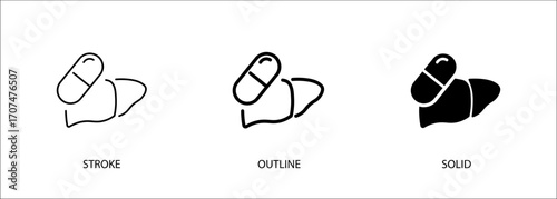 Liver icon with pills for medical health, pharmacy. Vector stroke, outline and solid icon. Eps10 file.