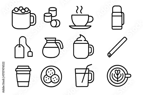 Frosty Drinks Icons. Outline icon set of frosty drinks: hot cocoa mug, marshmallows, steaming cup, thermos,