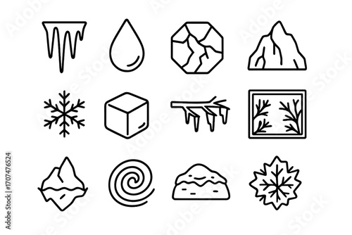 Ice and Frost Icons. Outline icon set of ice and frost: icicle, frozen droplet, cracked ice, glacier, frost
