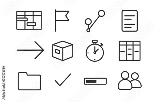Project Metrics Icons Grid. Outline icon set of project comparison metrics: Gantt chart, milestone flag,