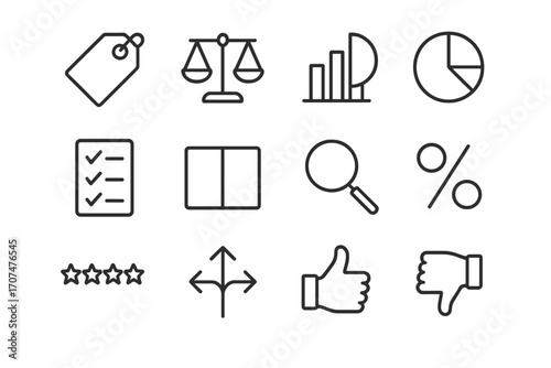 Shopping Comparison Icons. Outline icon set of shopping comparison: price tag, scale balance, bar chart, pie