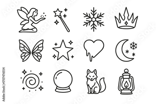 Magical Winter Icons. Outline icon set of magical winter: fairy with snow, glowing wand, enchanted snowflake,