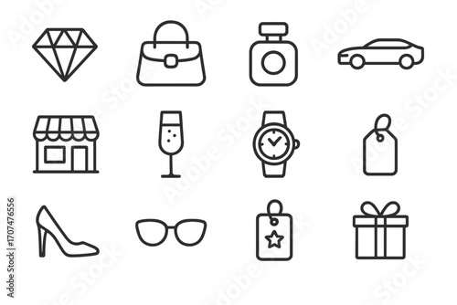 Luxury Shopping Icons. Outline icon set of luxury shopping: jewelry diamond, fashion bag, perfume bottle,