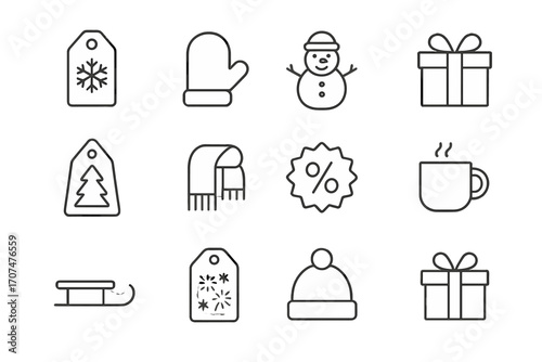 Winter Sale Icons. Outline icon set of winter sale tags: snowflake tag, mitten label, snowman icon, gift box,