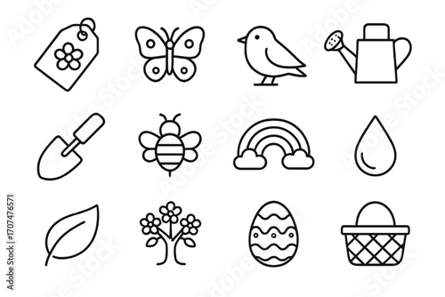 Spring Sale Icons. Outline icon set of spring sale tags: flower tag, butterfly icon, bird label, watering can,