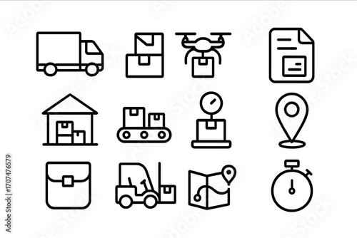 Delivery Logistics Icons. Outline icon set of delivery and logistics: delivery truck, parcel box, drone