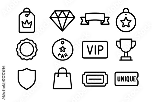 Limited Edition Icons. Outline icon set of limited edition tags: crown tag, diamond icon, exclusive ribbon,