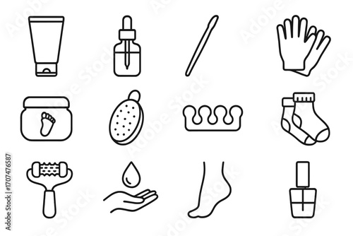 Hand and Foot Care Icons. Outline icon set of hand and foot care: hand cream tube, nail oil bottle, cuticle
