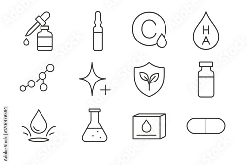 Cosmetic Serum Icons. Outline icon set of cosmetic serums: dropper bottle, ampoule, vitamin C icon, hyaluronic
