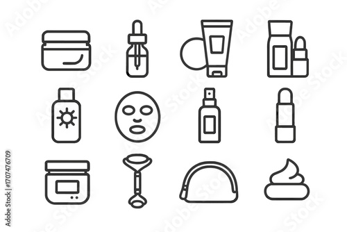 Skincare Icon Grid. Outline icon set of skincare gift sets: moisturizer jar, serum vial, cotton pad, cleanser