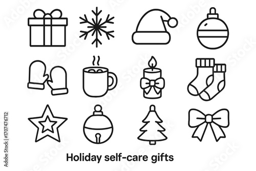 Holiday Self-Care Icons. Outline icon set of holiday self-care gifts: Christmas gift box, snowflake, Santa hat