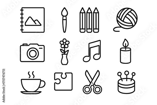 Creative Self-Care Icons. Outline icon set of creative self-care gifts: sketchbook, paintbrush, colored
