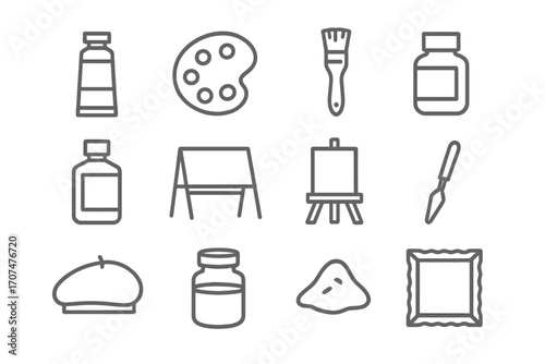 Art Tools Icon Set. Outline icon set of oil painting: oil tube, wooden palette, hog bristle brush, varnish