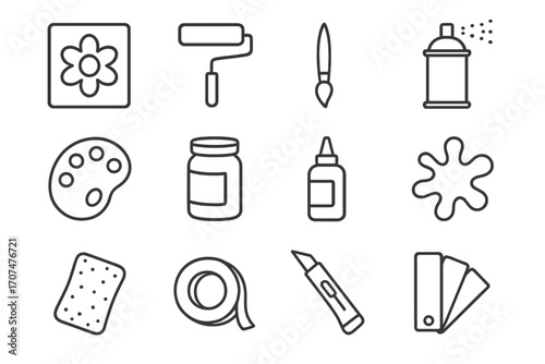 Craft Tools Icons. Outline icon set of craft painting: stencil, roller, brush, spray can, wooden palette, jar,