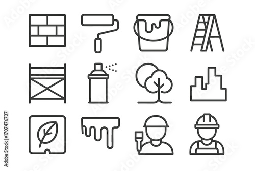 Mural Painting Icon Set. Outline icon set of mural painting: wall, roller brush, paint bucket, ladder,