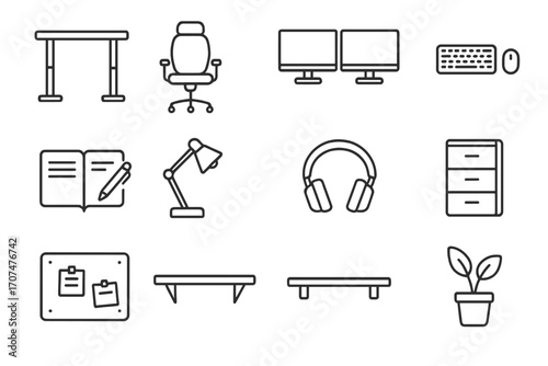 Modern Workspace Icons. Outline icon set of modern workspace: standing desk, ergonomic chair, dual monitors,
