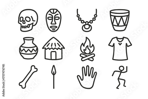 Anthropology Icon Set. Outline icon set of anthropology and culture: human skull, tribal mask, necklace, drum,