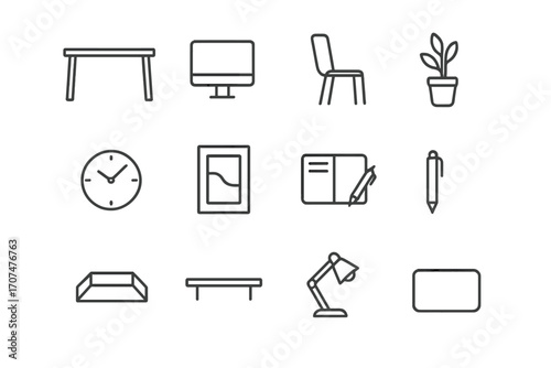 Minimalist Office Icons. Outline icon set of minimalist office design: clean desk, monitor, slim chair, plant